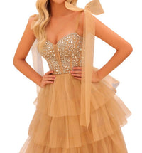 Amarra - Ruffle Tulle A - line Gown With Beaded Top - beige - clothing - dresses