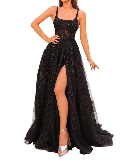 Amarra - Sequin A - line Gown With Sheer Corset Bodice - black - clothing - dresses