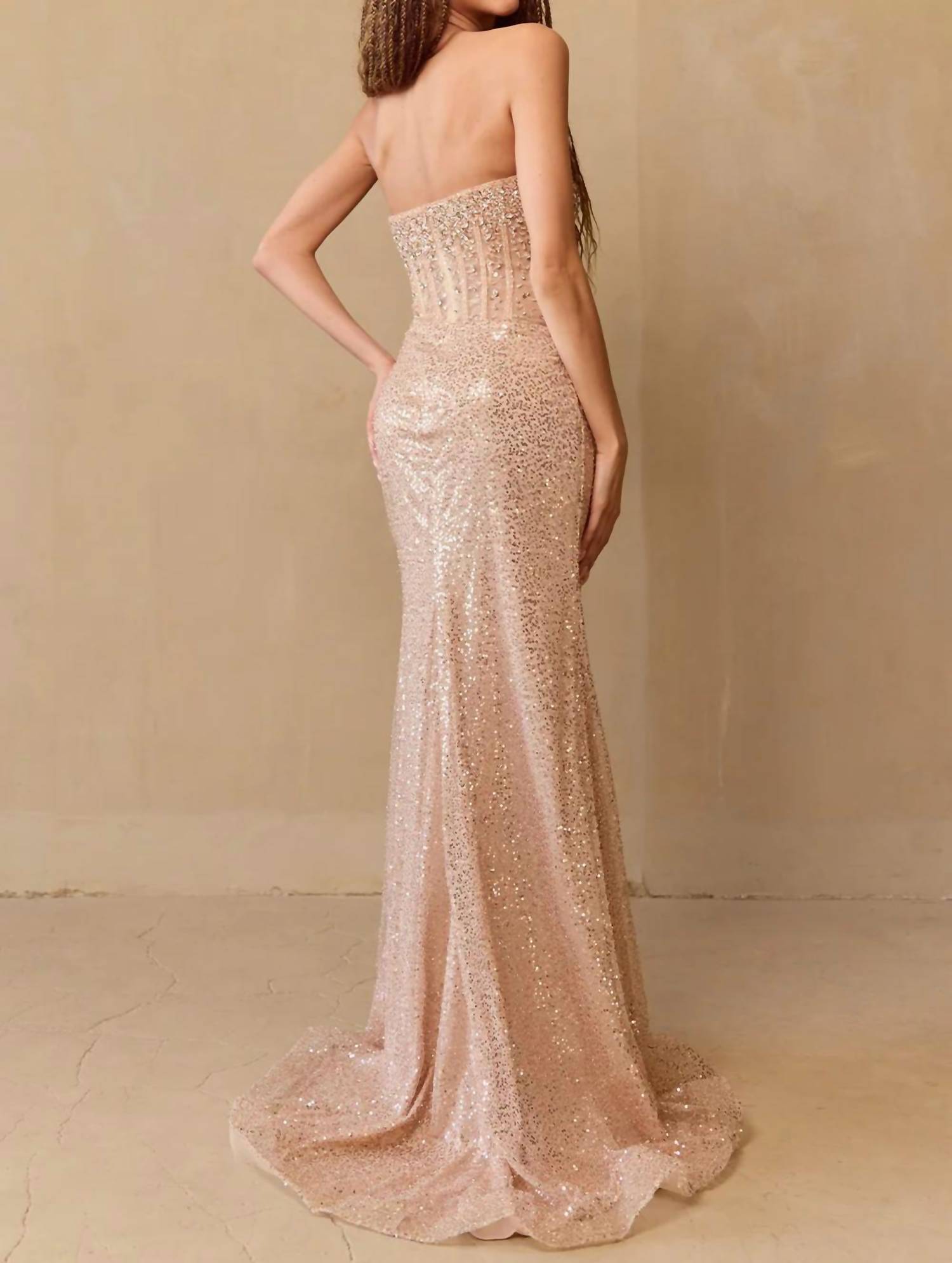 Amelia Couture - Sequin Strapless Gown With High Slit - clothing - dresses - gold