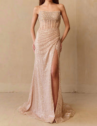 Amelia Couture - Sequin Strapless Gown With High Slit - clothing - dresses - gold