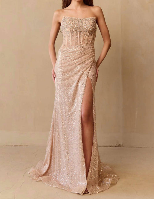 Amelia Couture - Sequin Strapless Gown With High Slit - clothing - dresses - gold