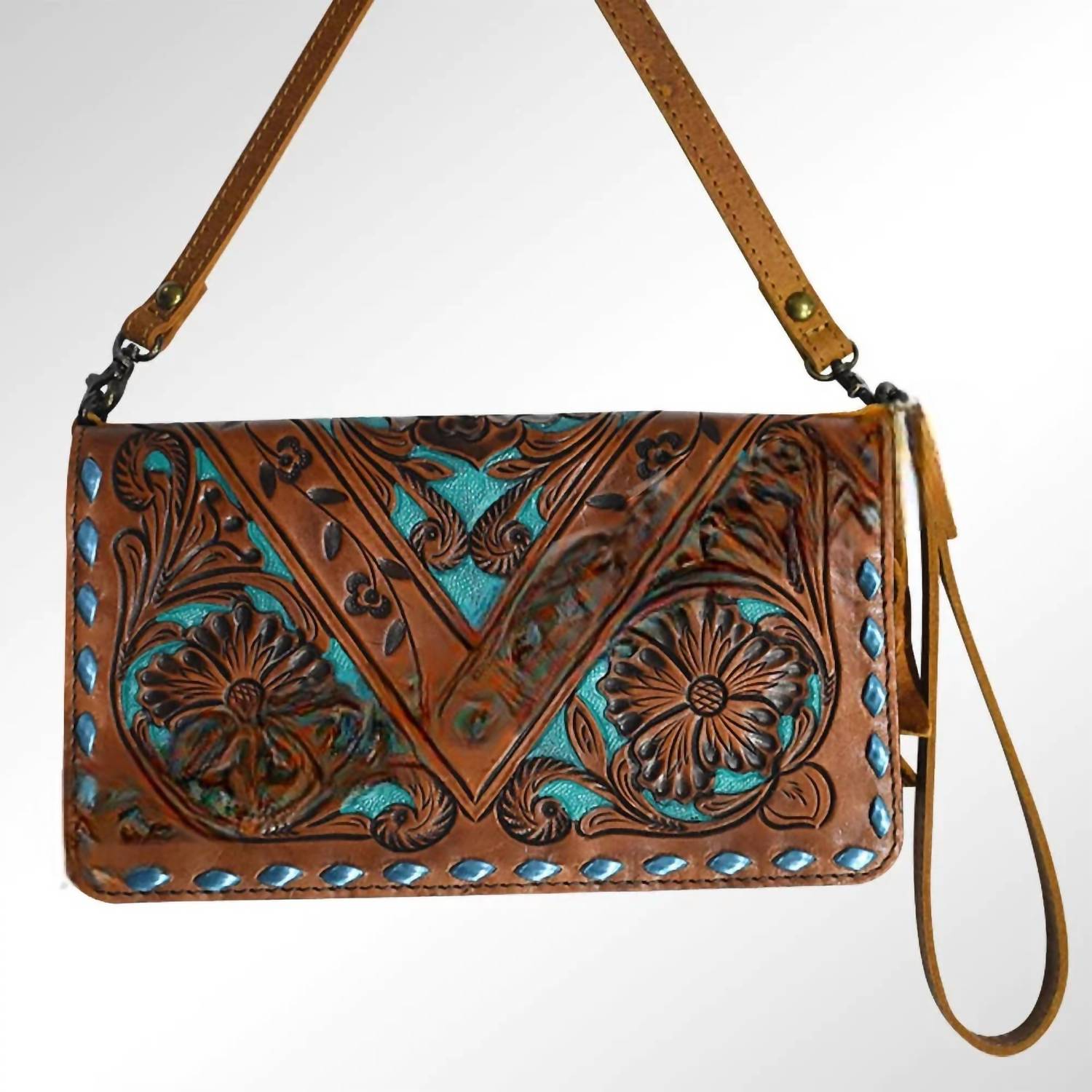 American Darling - Women's Leather Cross Body Strap Wristlet - bags - brown - clutches