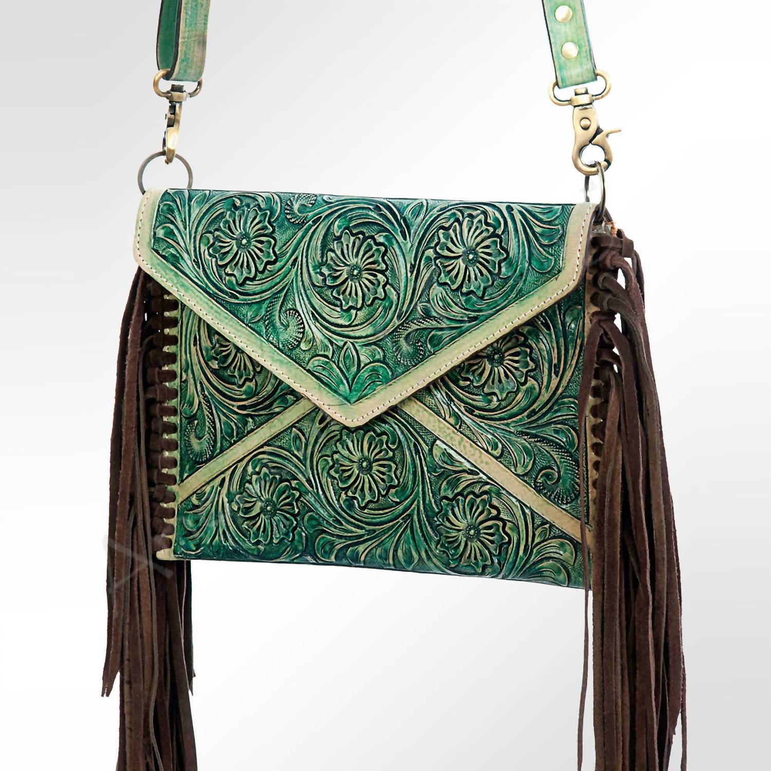 American Darling - Women's Tooled Leather Envelope Purse - bags - crossbody - bags - green