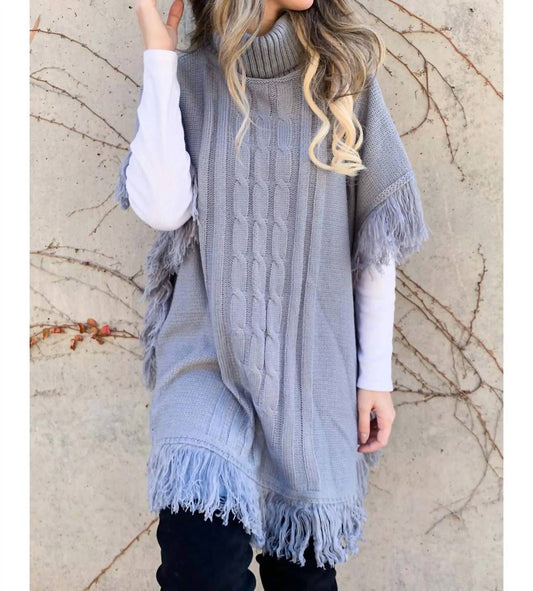 Amoli - Cable Knitted Fringe Tunic Poncho Top - clothing - grey - ponchos