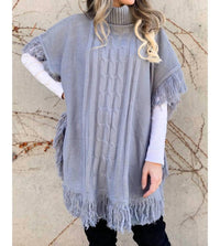 Amoli - Cable Knitted Fringe Tunic Poncho Top - clothing - grey - ponchos