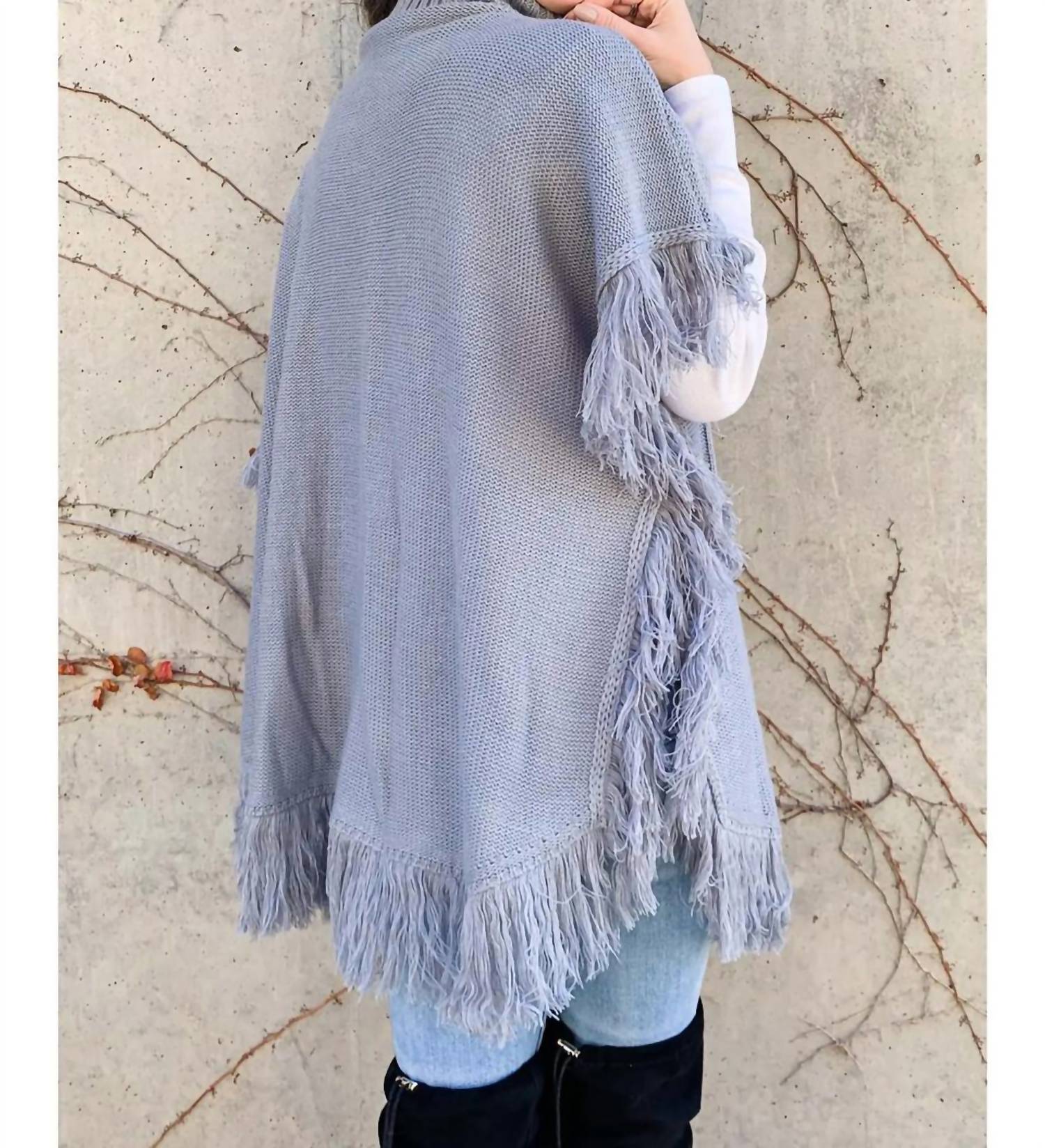 Amoli - Cable Knitted Fringe Tunic Poncho Top - clothing - grey - ponchos