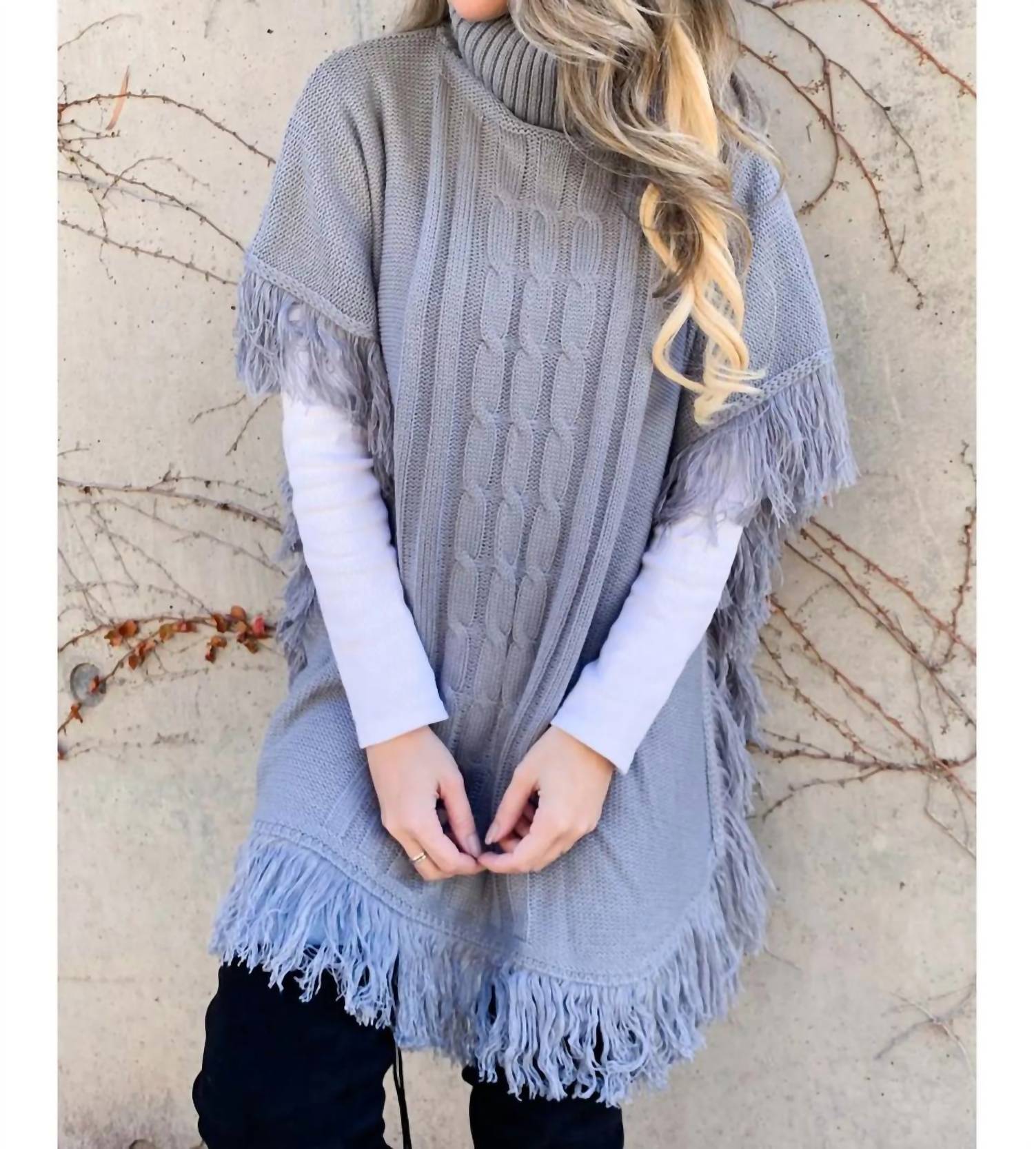 Amoli - Cable Knitted Fringe Tunic Poncho Top - clothing - grey - ponchos