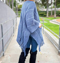 Amoli - Chevron Knitted Ruana Cardigan With Tassel And Pocket - blue - cardigans - clothing