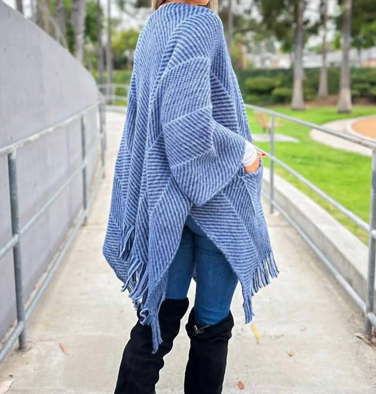 Amoli - Chevron Knitted Ruana Cardigan With Tassel And Pocket - blue - cardigans - clothing