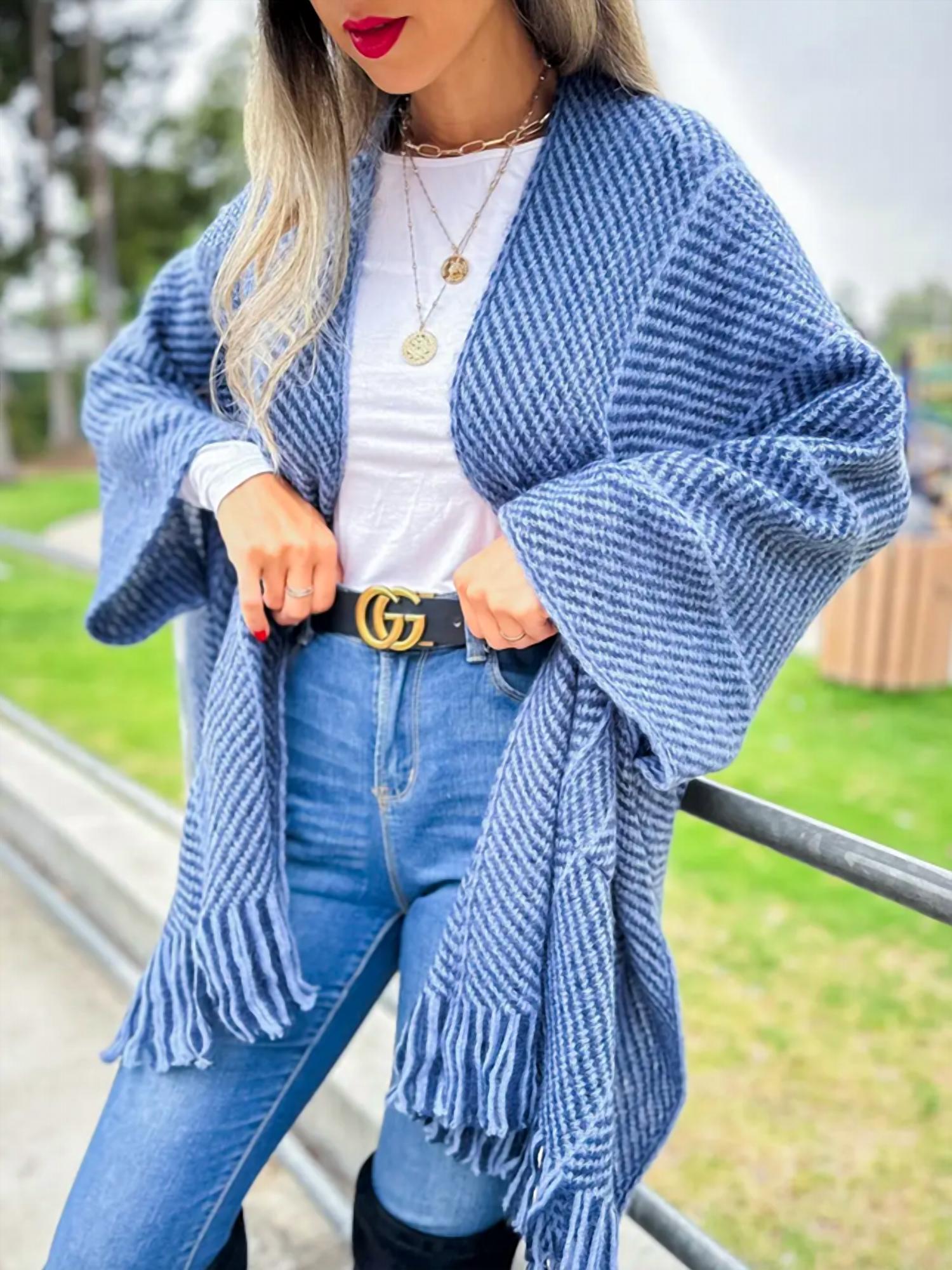 Amoli - Chevron Knitted Ruana Cardigan With Tassel And Pocket - blue - cardigans - clothing