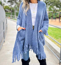 Amoli - Chevron Knitted Ruana Cardigan With Tassel And Pocket - blue - cardigans - clothing