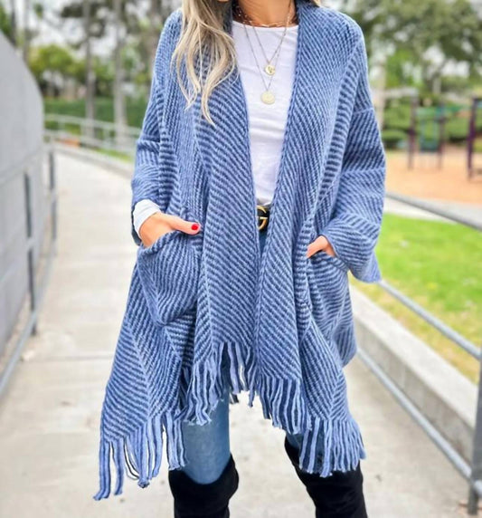 Amoli - Chevron Knitted Ruana Cardigan With Tassel And Pocket - blue - cardigans - clothing