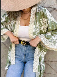 Amoli - Floral Kimono With Crochet Lace Trim