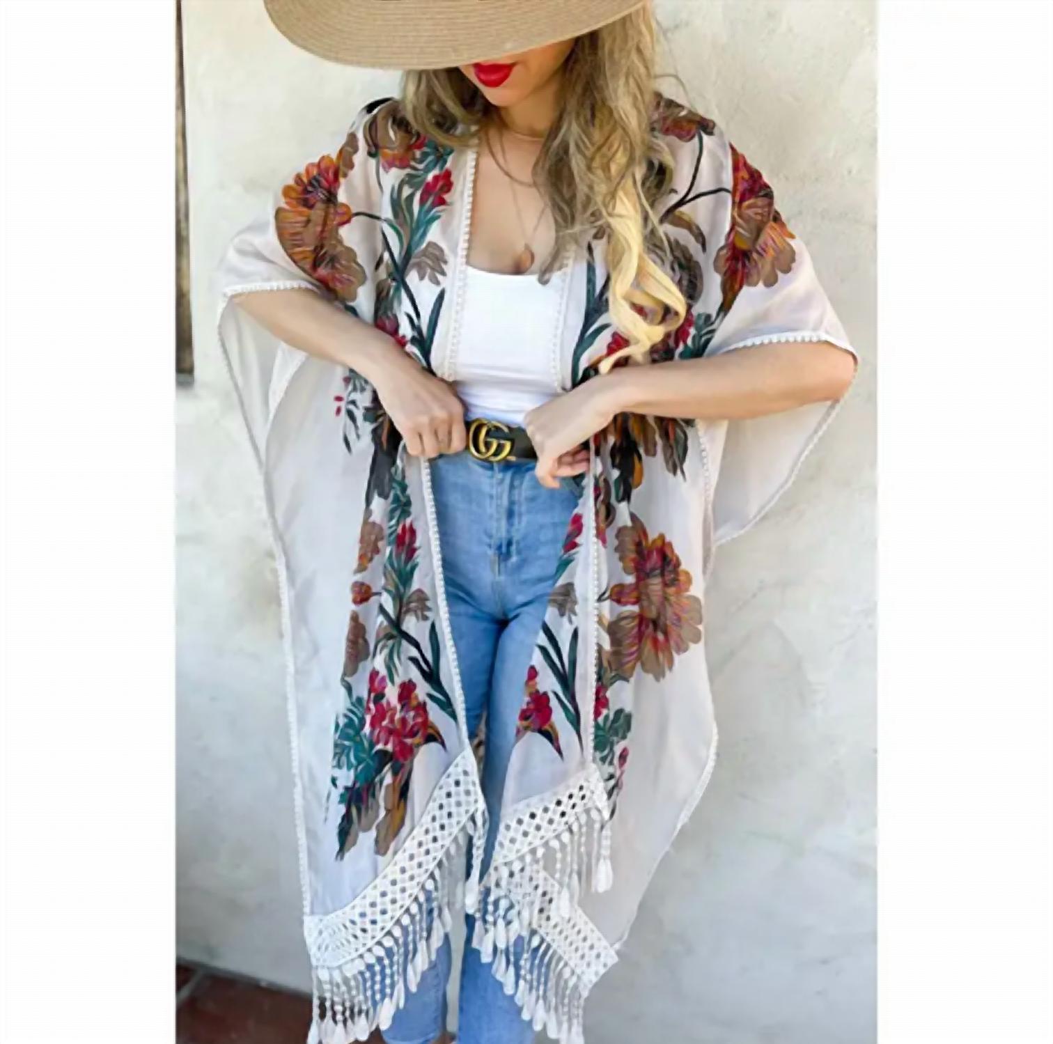 Amoli - Floral Print Lace Detail Tassel Bottom Kimono - cardigans - clothing - floral