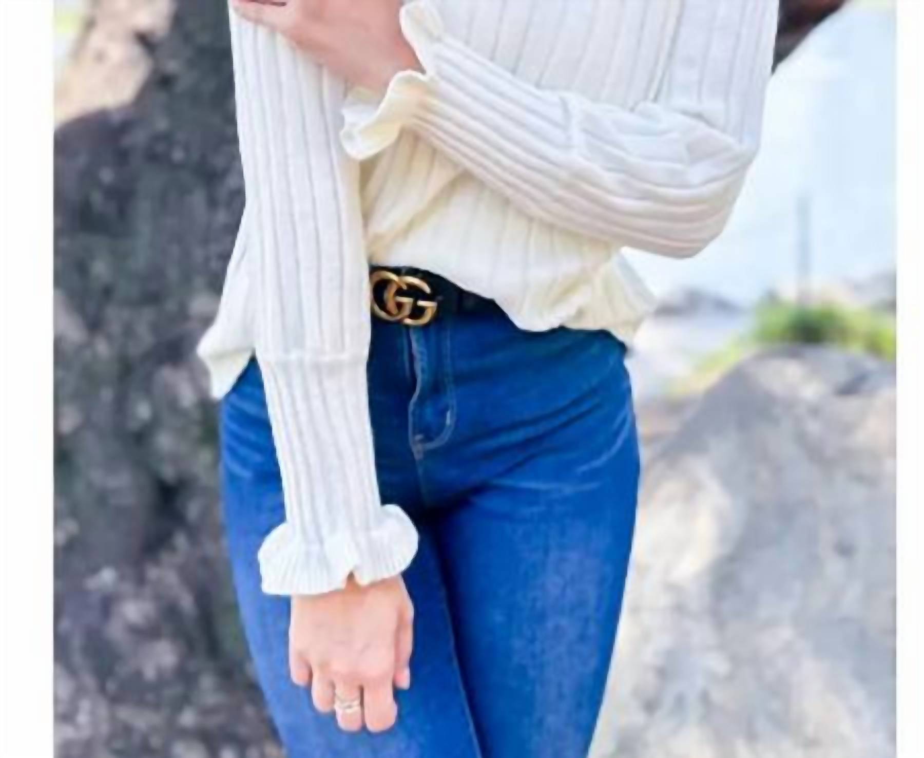 Amoli - Ruffle Sleeve Turtleneck Sweater - acrylic - beige - clothing