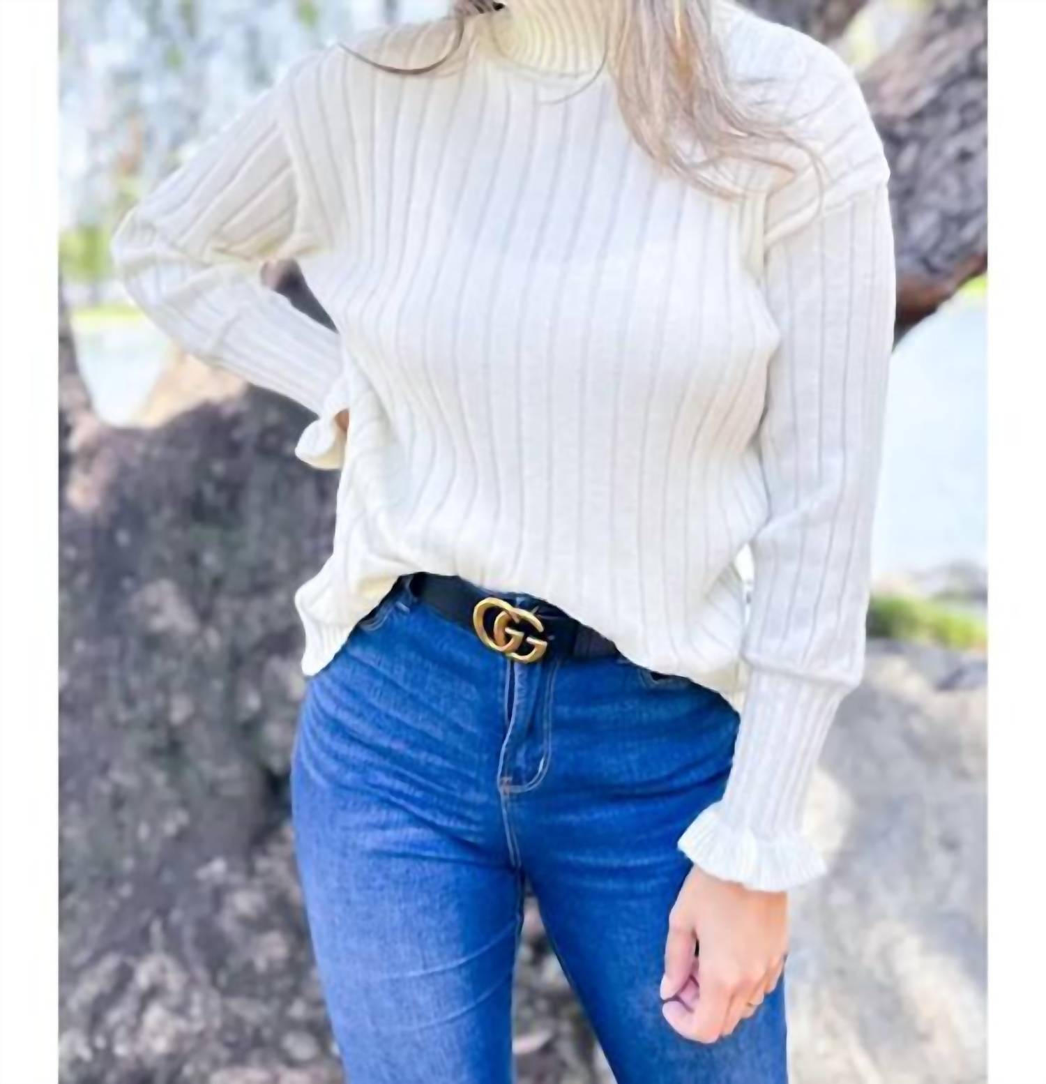 Amoli - Ruffle Sleeve Turtleneck Sweater - acrylic - beige - clothing