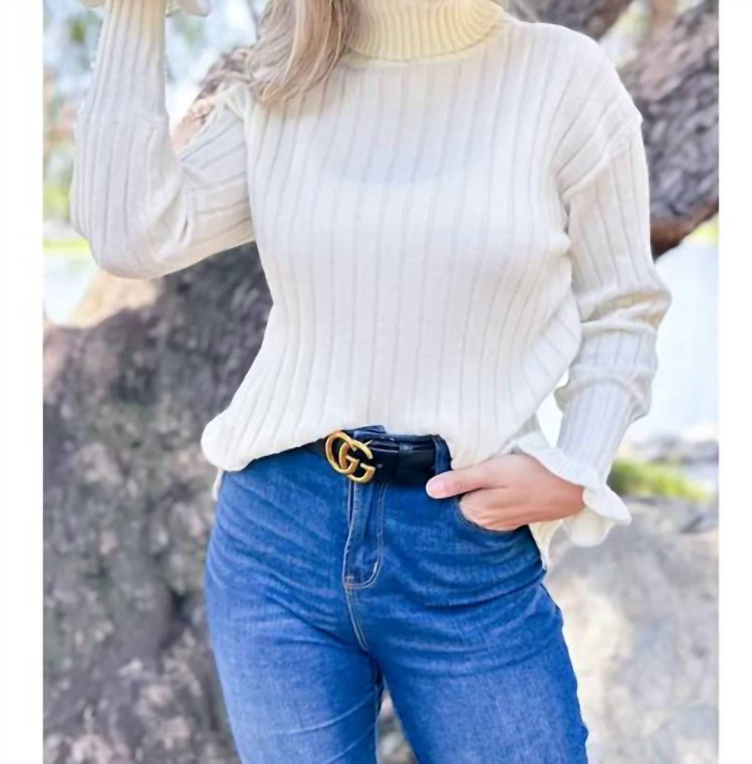 Amoli - Ruffle Sleeve Turtleneck Sweater - acrylic - beige - clothing