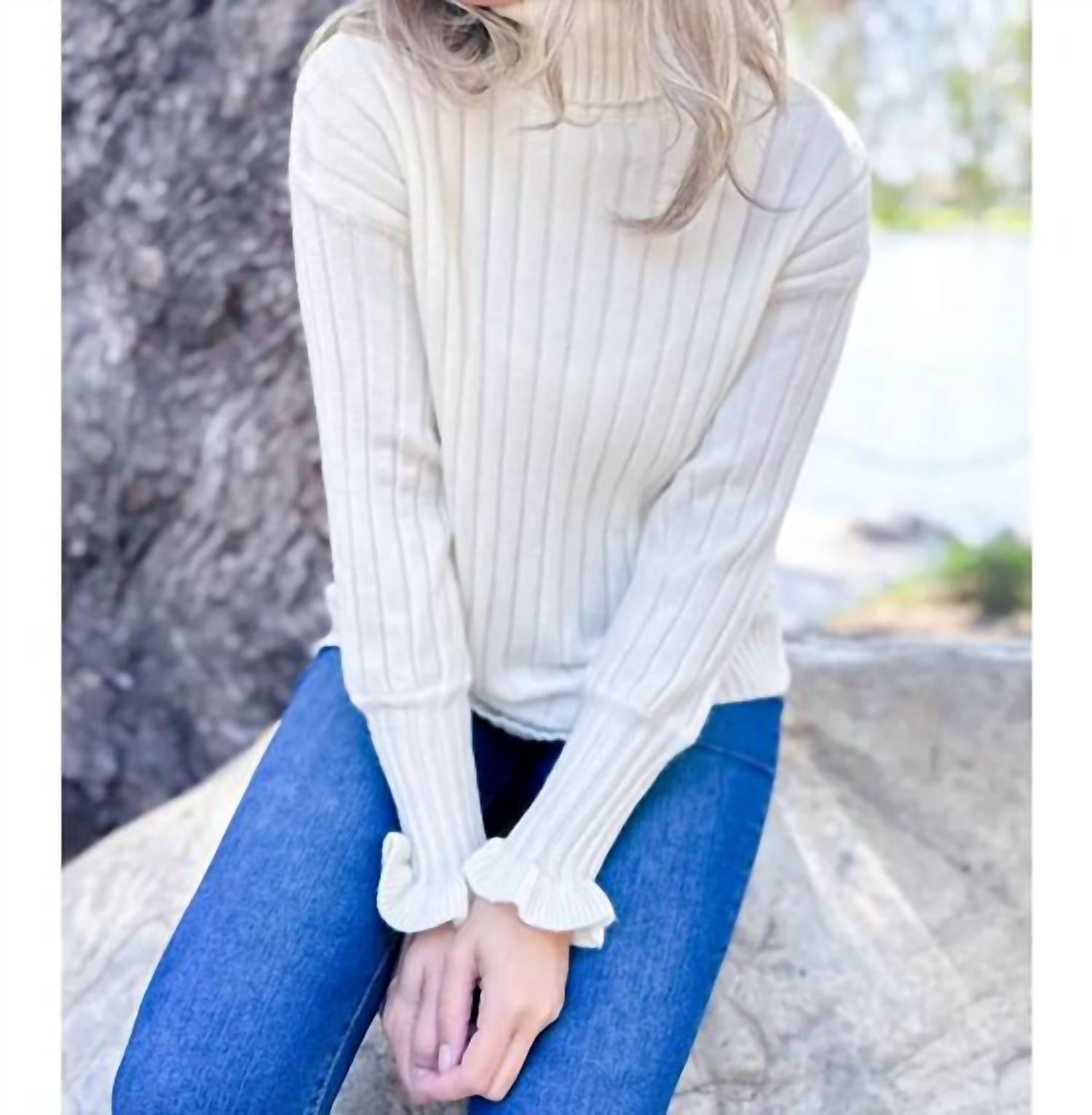 Amoli - Ruffle Sleeve Turtleneck Sweater - acrylic - beige - clothing