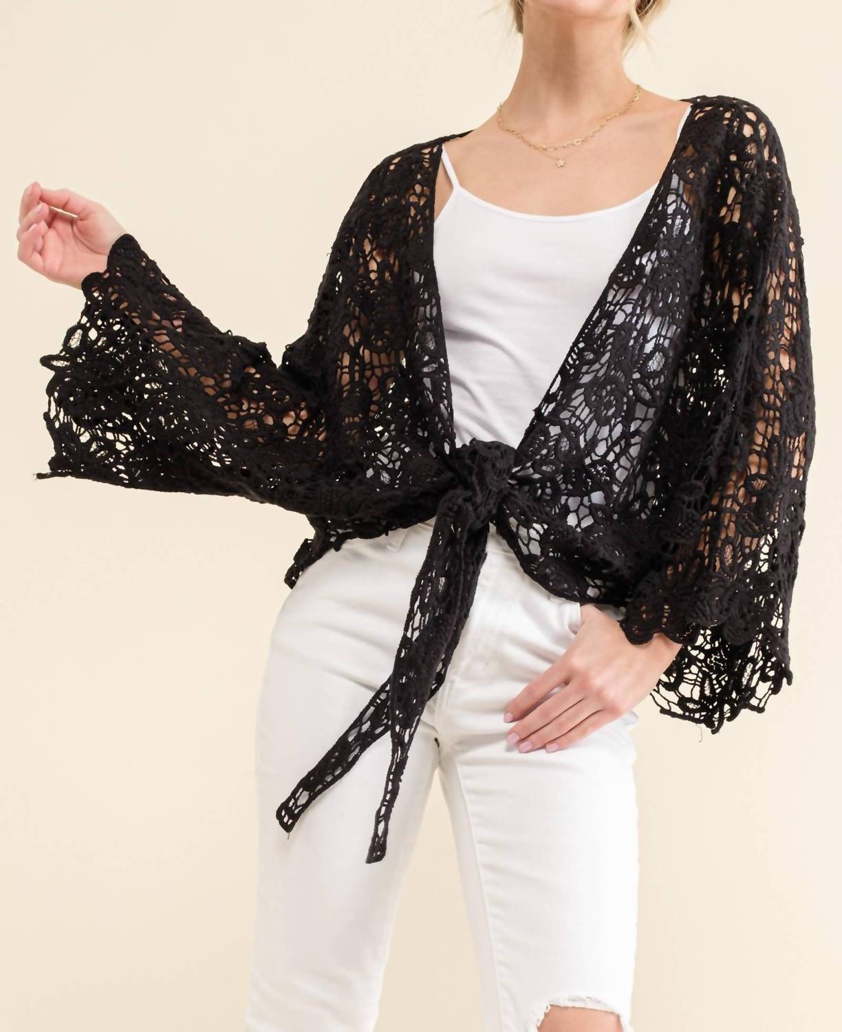 And The Why - Boho Cotton Lace Tie Front Wrap Lace - black - cardigans - clothing
