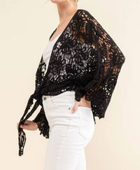 And The Why - Boho Cotton Lace Tie Front Wrap Lace - black - cardigans - clothing
