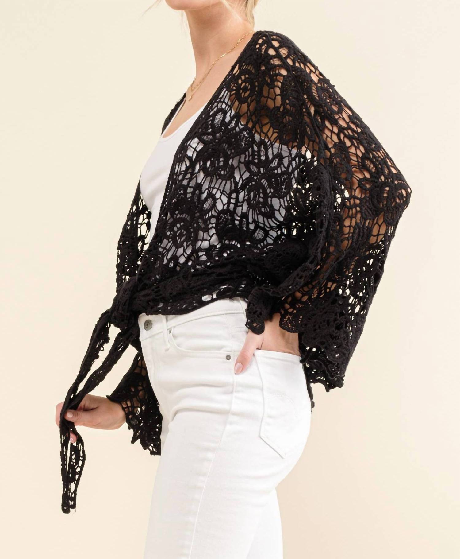 And The Why - Boho Cotton Lace Tie Front Wrap Lace - black - cardigans - clothing