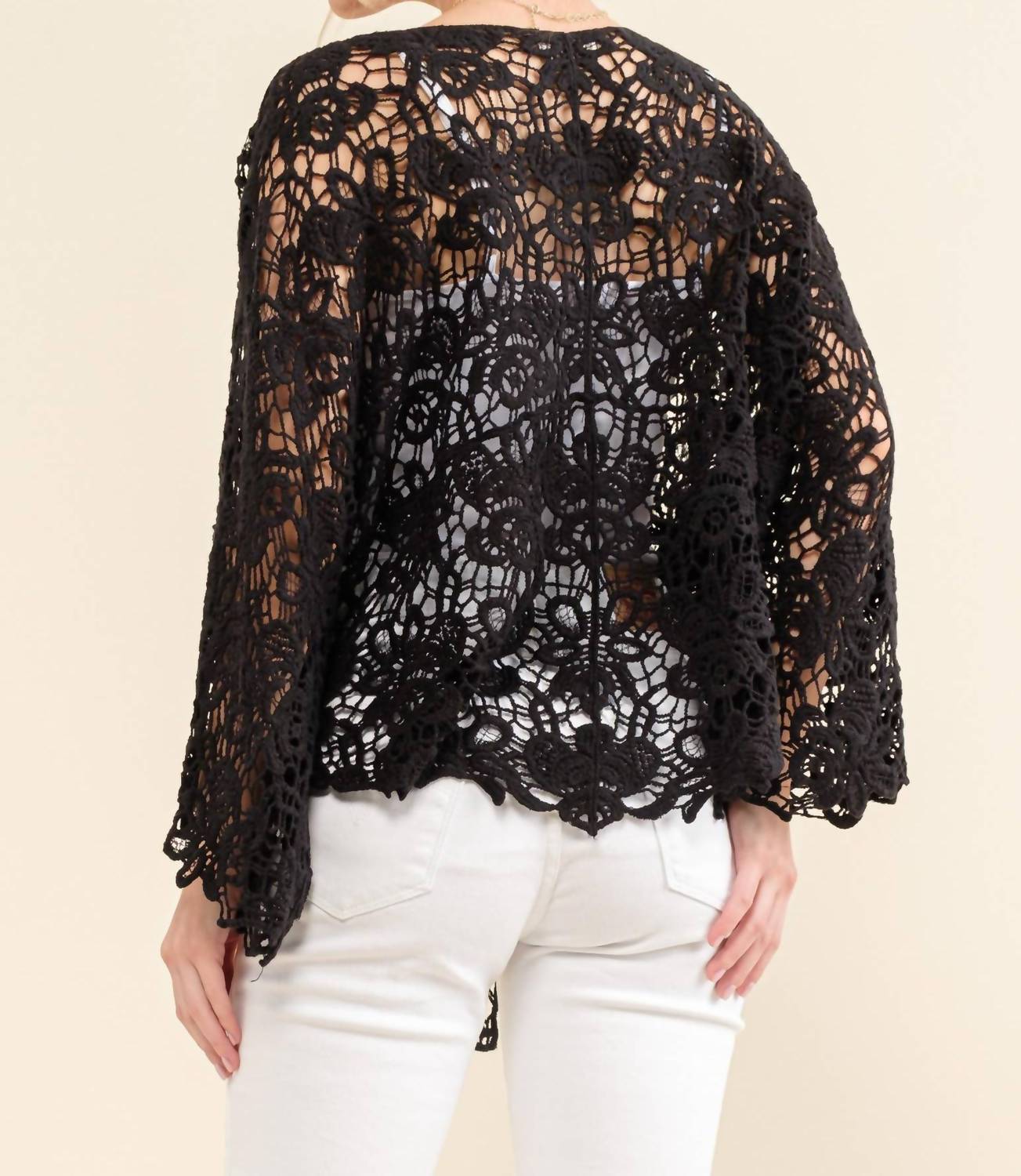 And The Why - Boho Cotton Lace Tie Front Wrap Lace - black - cardigans - clothing