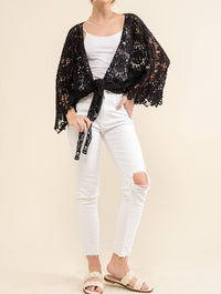 And The Why - Boho Cotton Lace Tie Front Wrap Lace - black - cardigans - clothing
