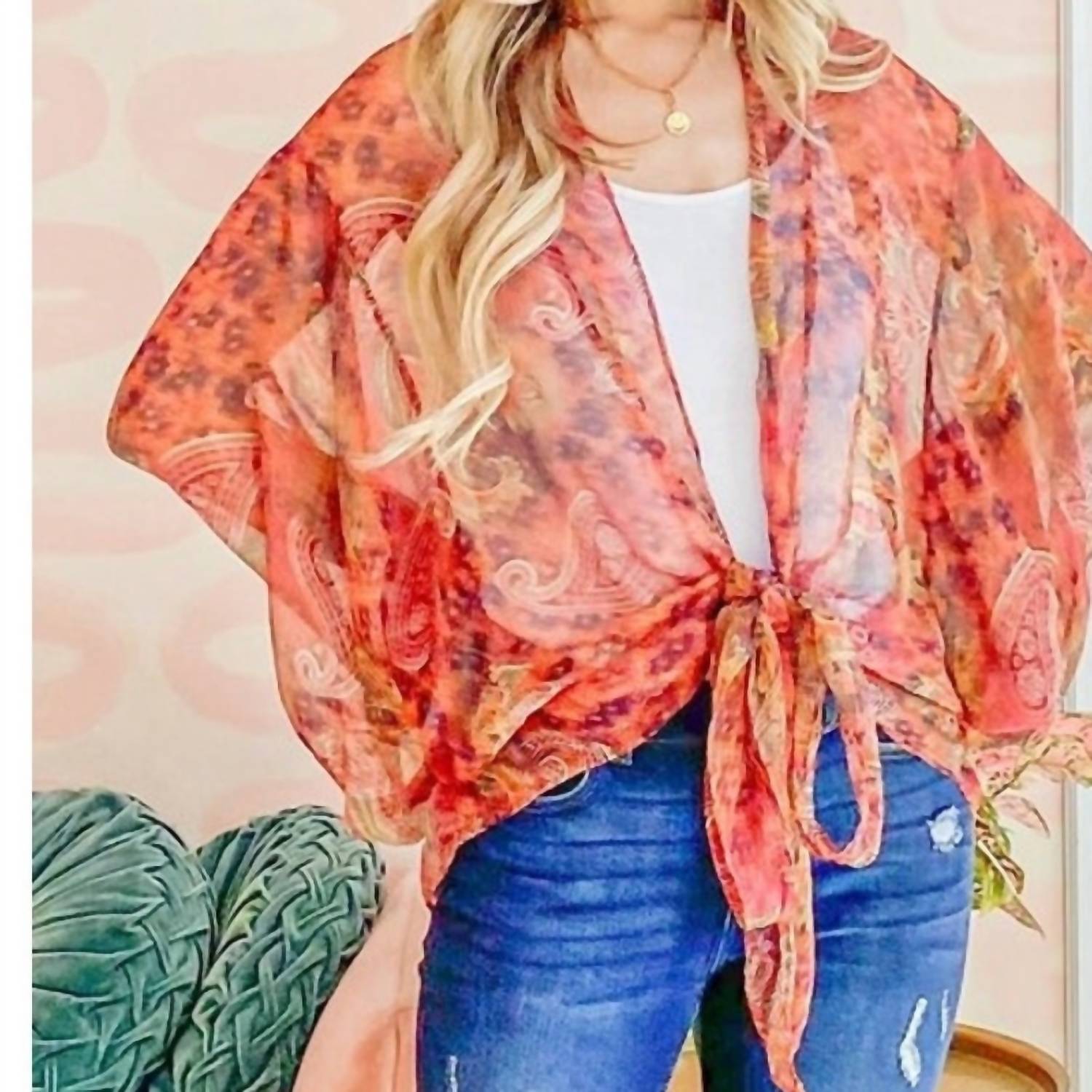And The Why - Boho Front Tie Knot Dolman Sleeve Oversized Print Kimono Top - clothing - orange - patterned
