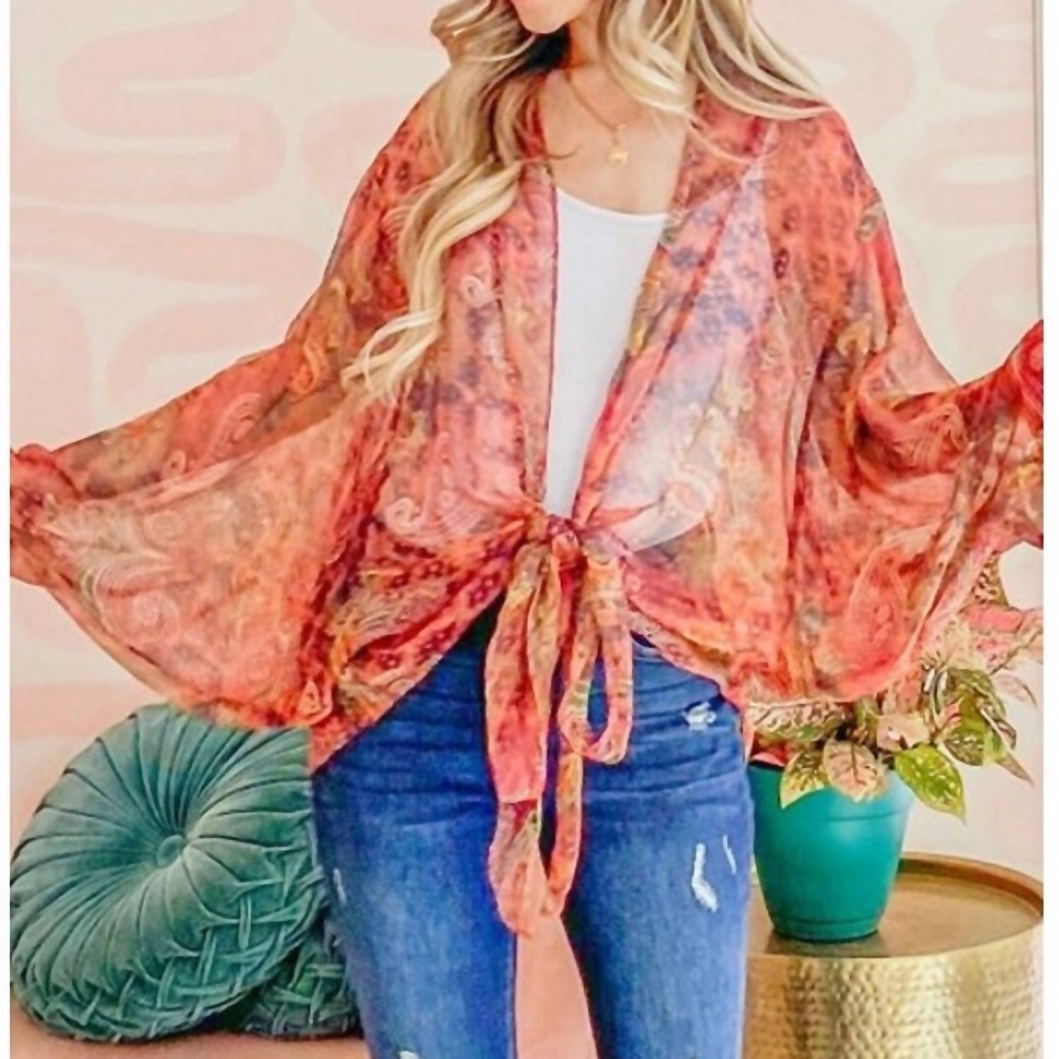 And The Why - Boho Front Tie Knot Dolman Sleeve Oversized Print Kimono Top - clothing - orange - patterned