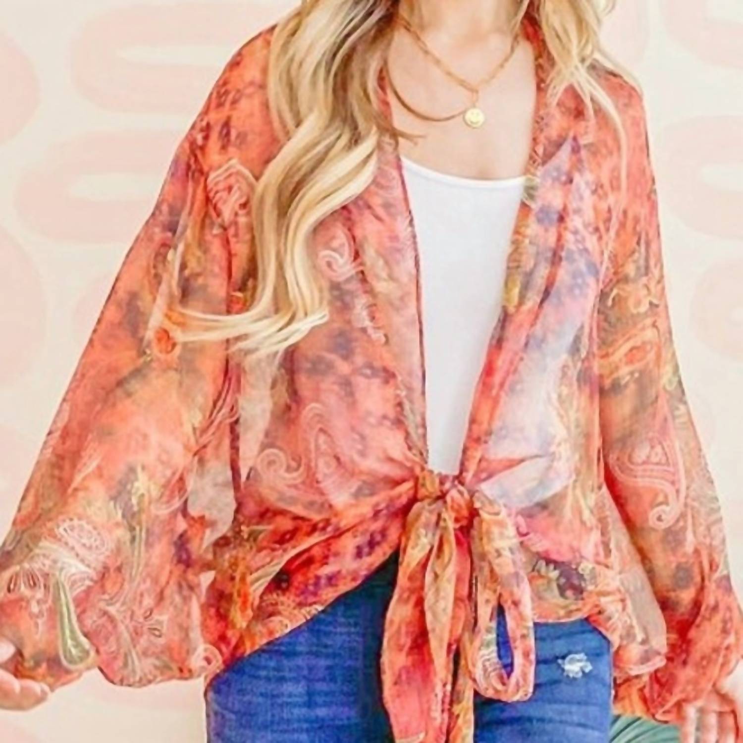 And The Why - Boho Front Tie Knot Dolman Sleeve Oversized Print Kimono Top - clothing - orange - patterned