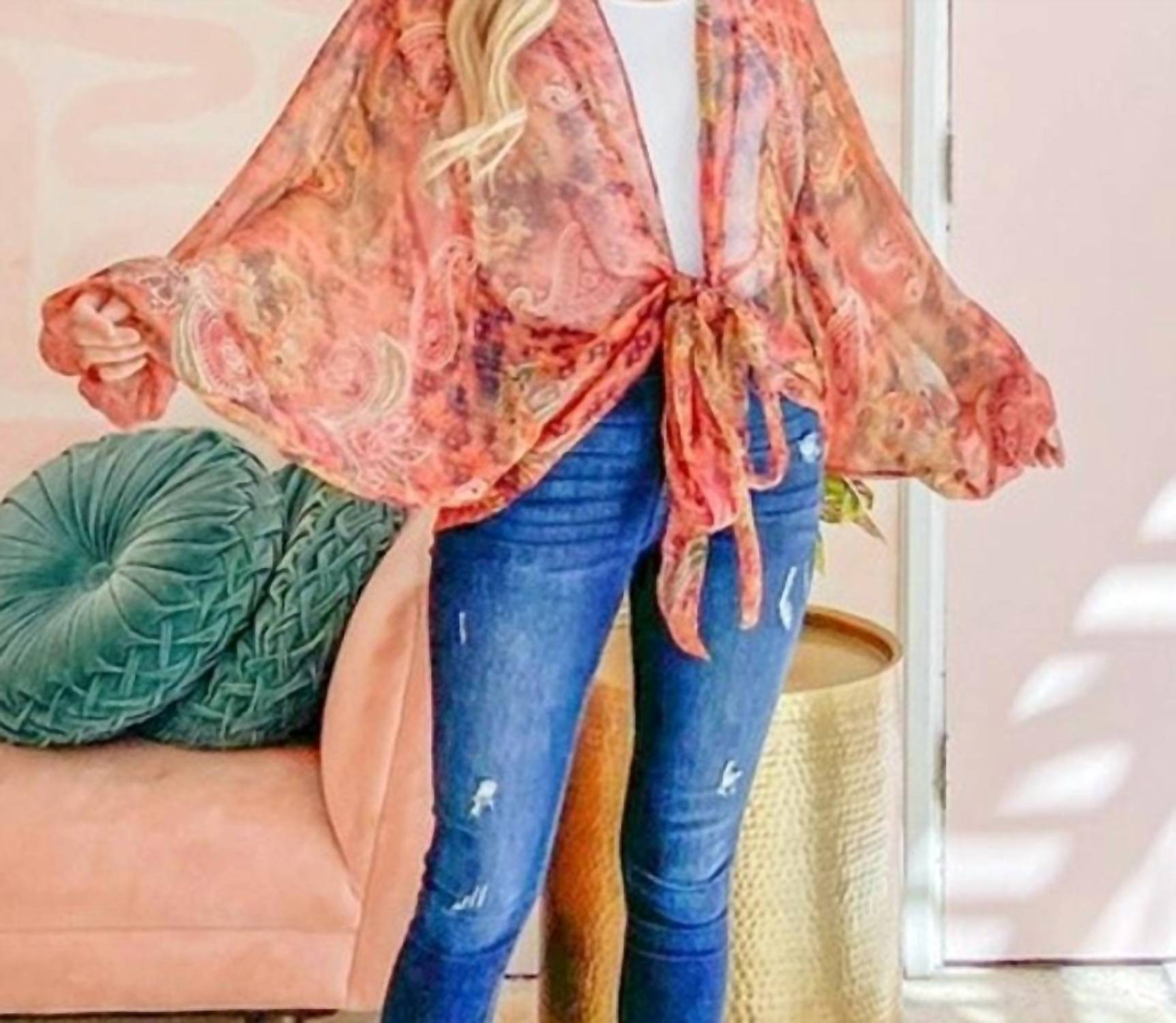 And The Why - Boho Front Tie Knot Dolman Sleeve Oversized Print Kimono Top - clothing - orange - patterned