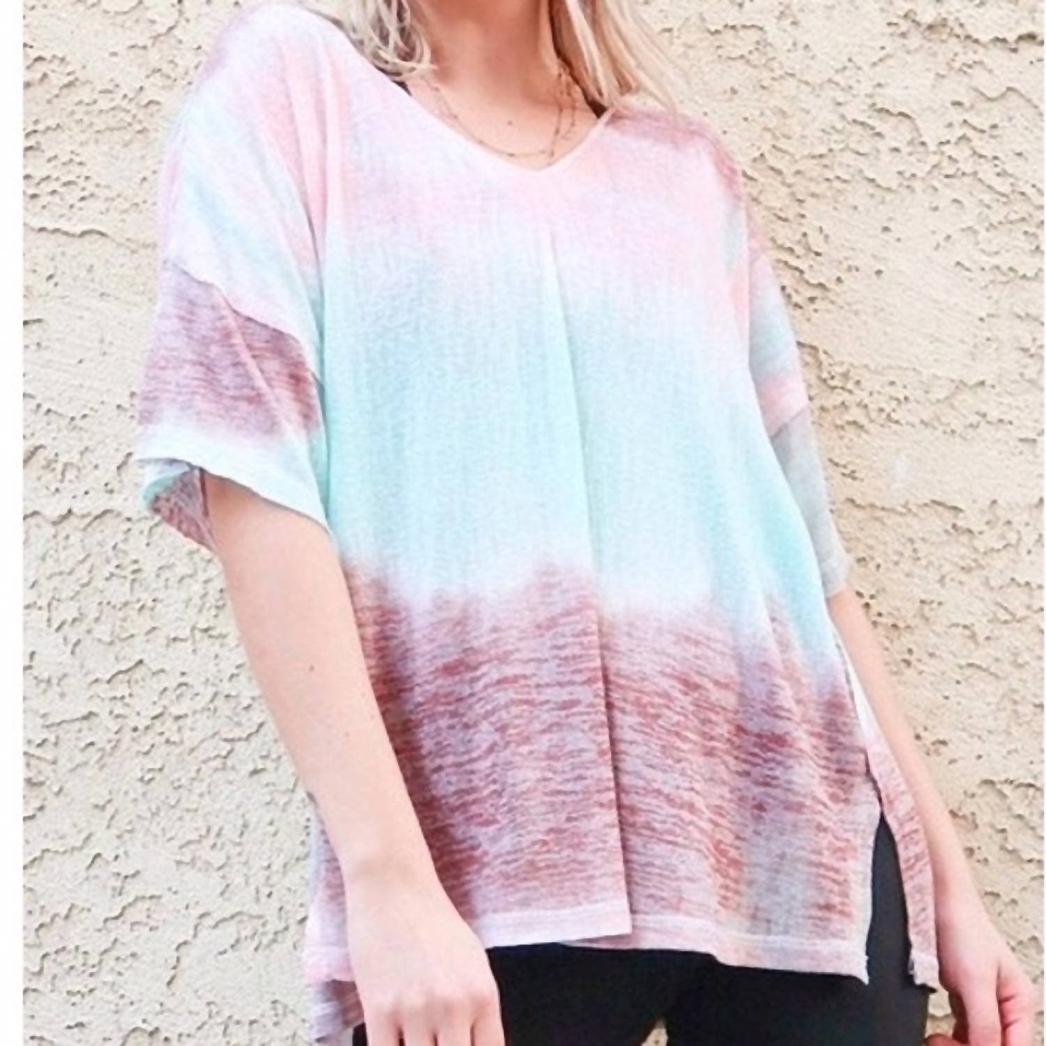And The Why - Cotton Blend Tie Dye V Neck Distressed Casual Top - clothing - cotton - blend - pink