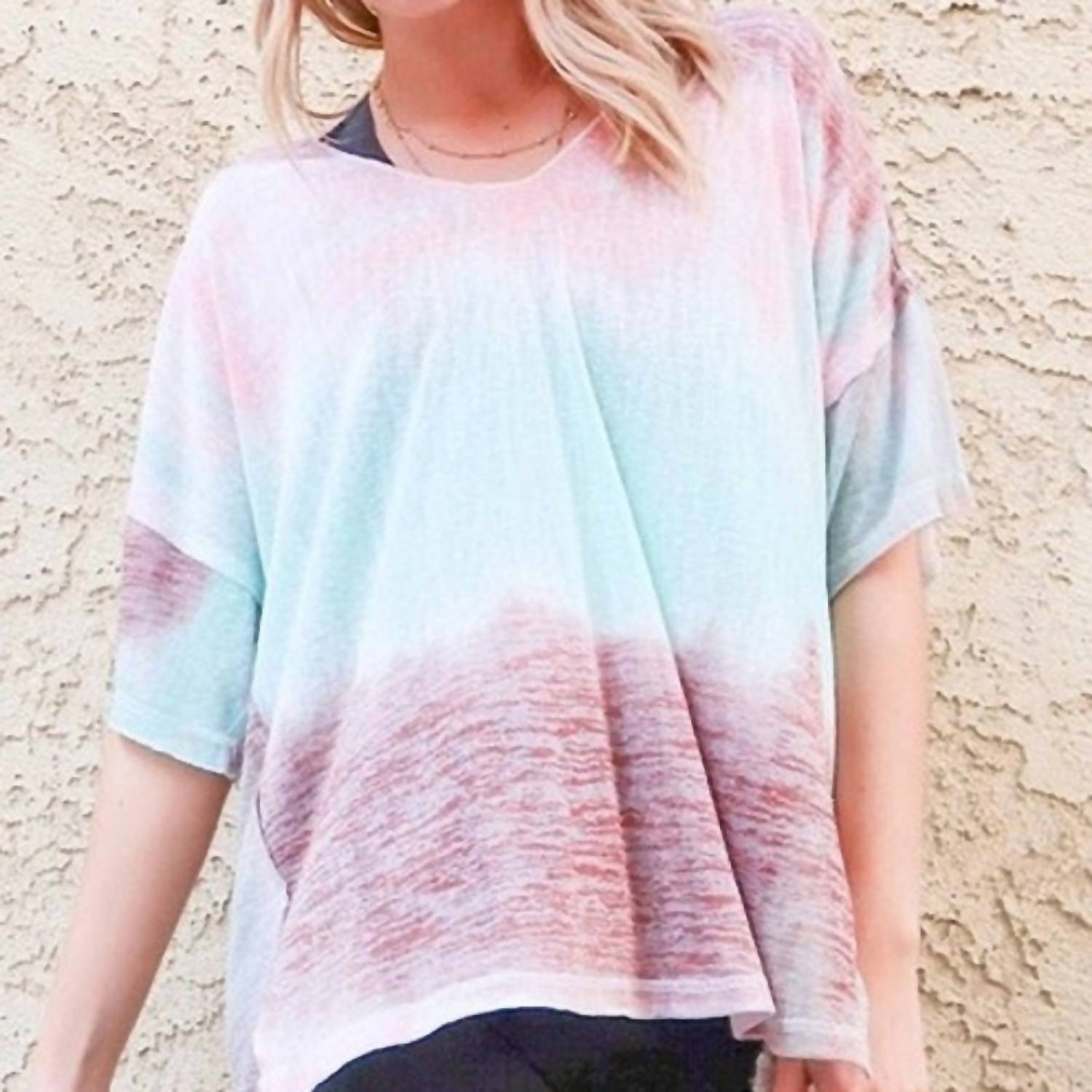 And The Why - Cotton Blend Tie Dye V Neck Distressed Casual Top - clothing - cotton - blend - pink