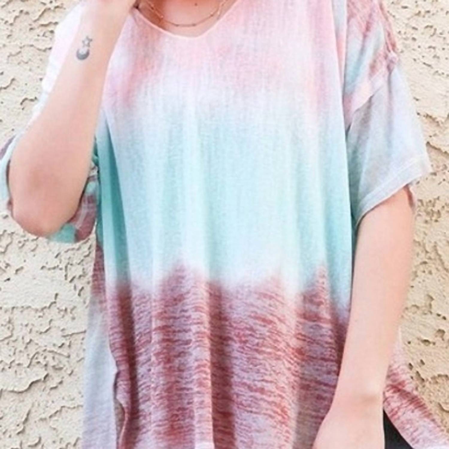 And The Why - Cotton Blend Tie Dye V Neck Distressed Casual Top - clothing - cotton - blend - pink