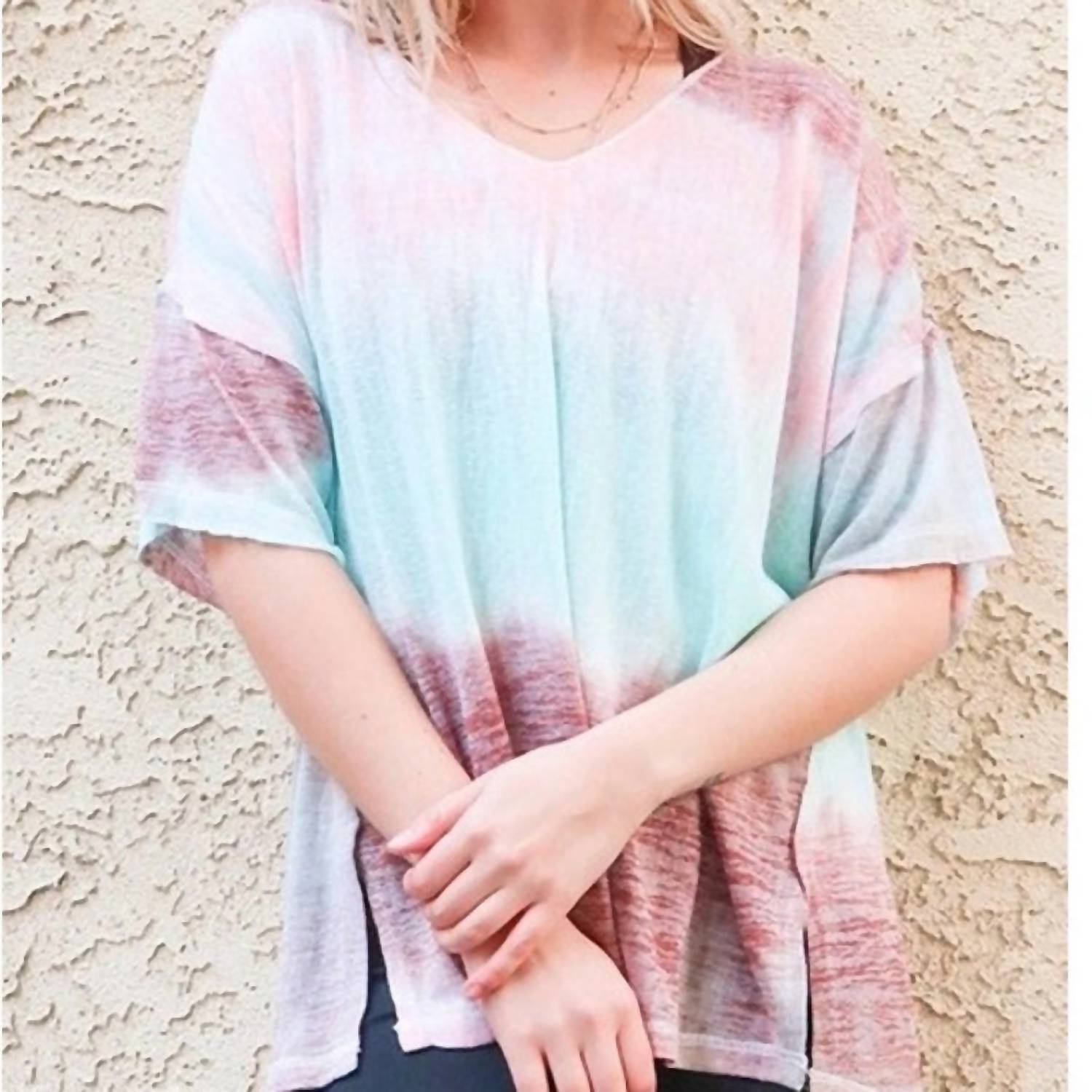 And The Why - Cotton Blend Tie Dye V Neck Distressed Casual Top - clothing - cotton - blend - pink