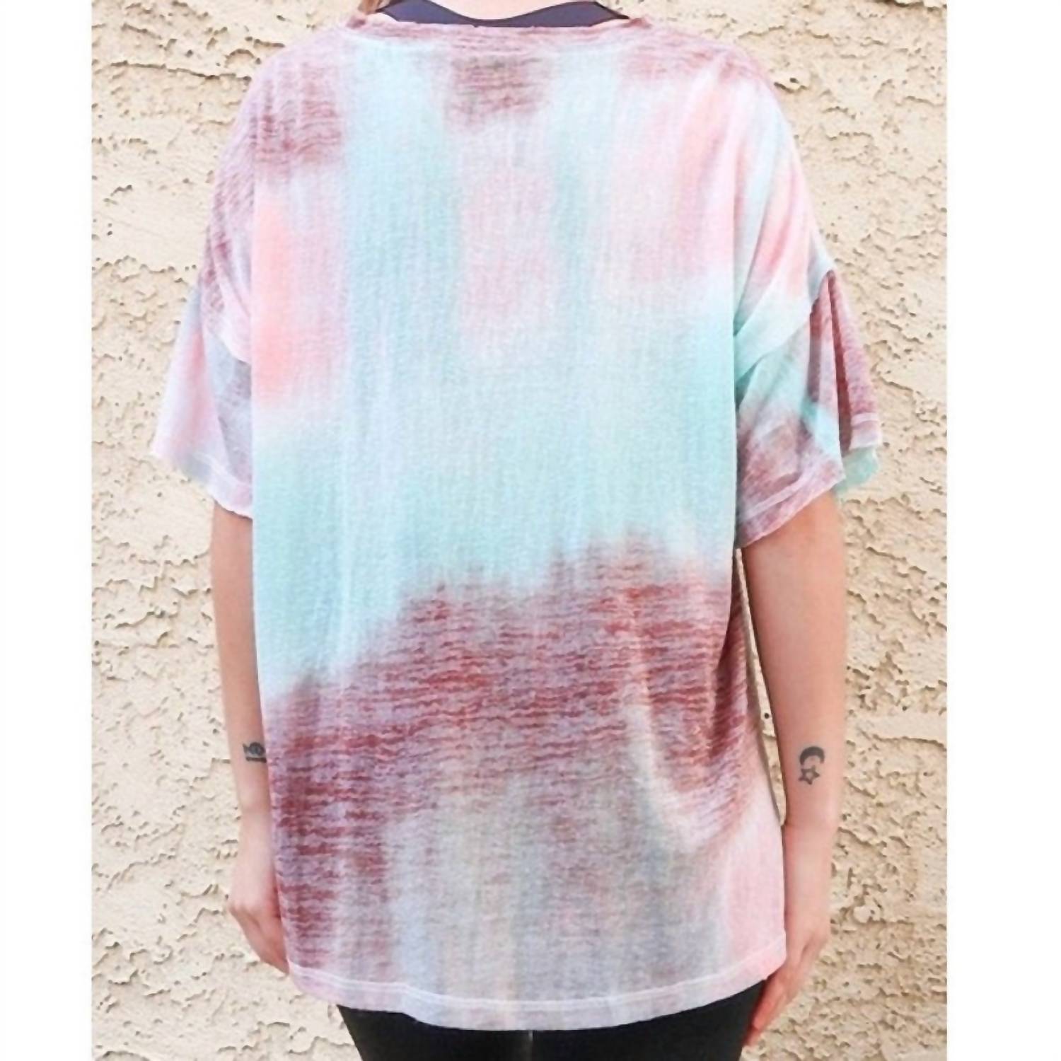 And The Why - Cotton Blend Tie Dye V Neck Distressed Casual Top - clothing - cotton - blend - pink