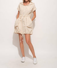 And The Why - Short Sleeve Drawstring Hooded Mini Dress - beige - clothing - dresses