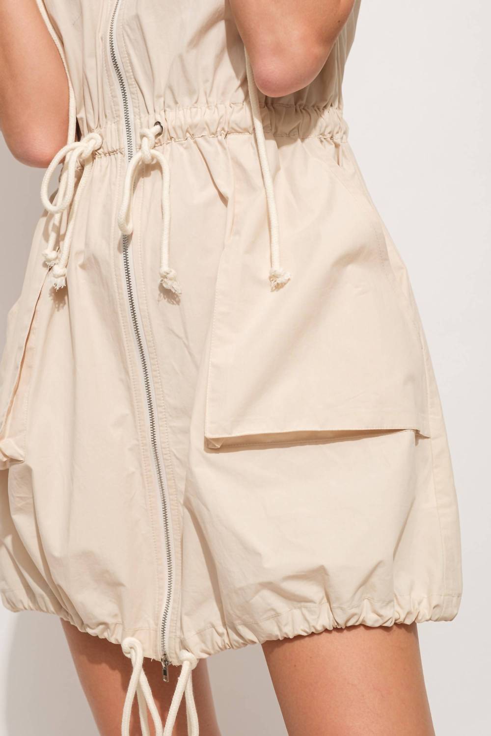 And The Why - Short Sleeve Drawstring Hooded Mini Dress - beige - clothing - dresses