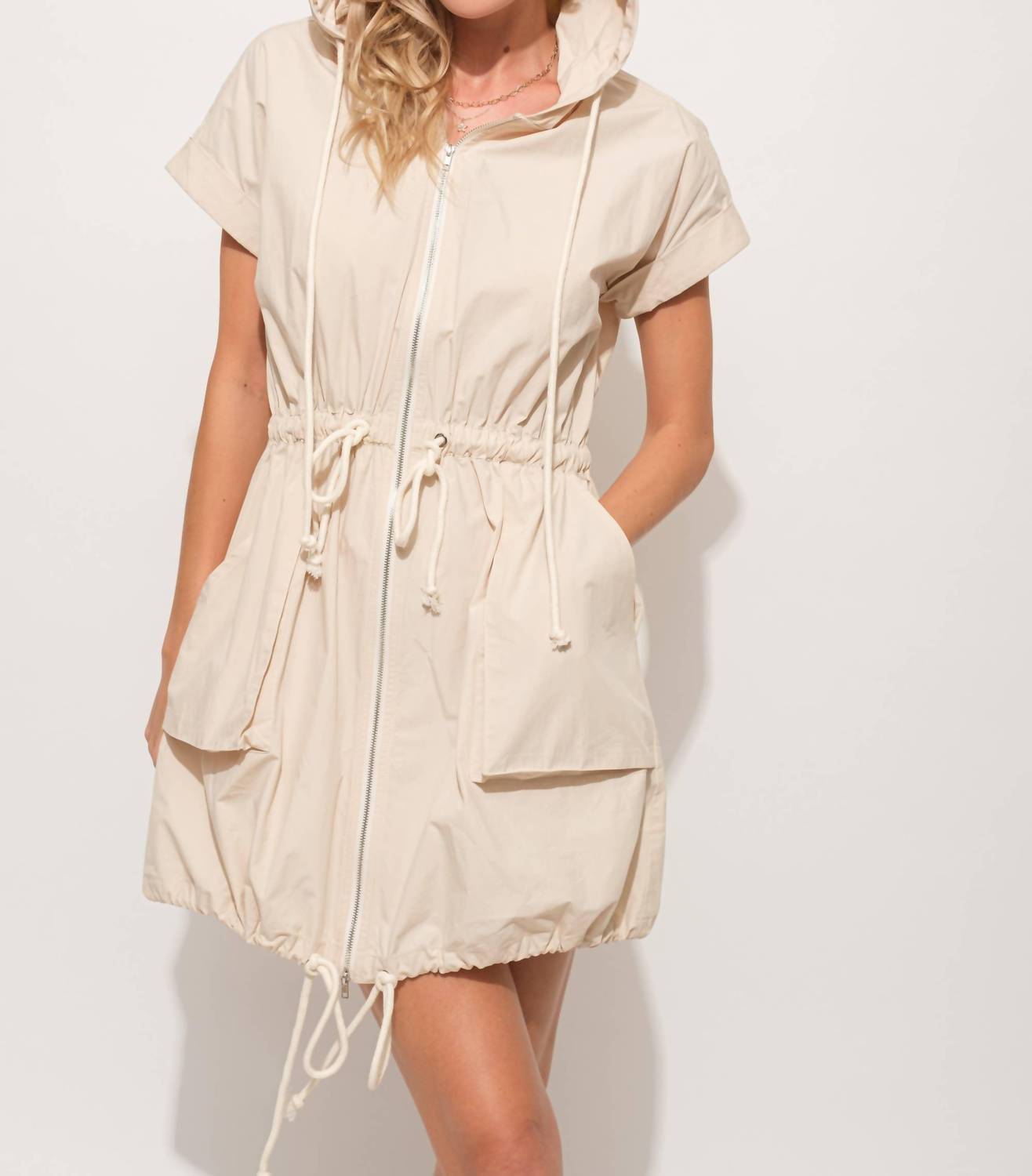 And The Why - Short Sleeve Drawstring Hooded Mini Dress - beige - clothing - dresses