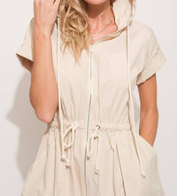 And The Why - Short Sleeve Drawstring Hooded Mini Dress - beige - clothing - dresses