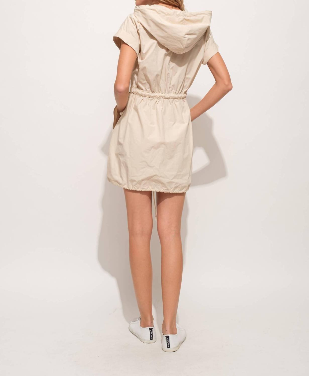 And The Why - Short Sleeve Drawstring Hooded Mini Dress - beige - clothing - dresses