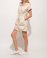 And The Why - Short Sleeve Drawstring Hooded Mini Dress - beige - clothing - dresses