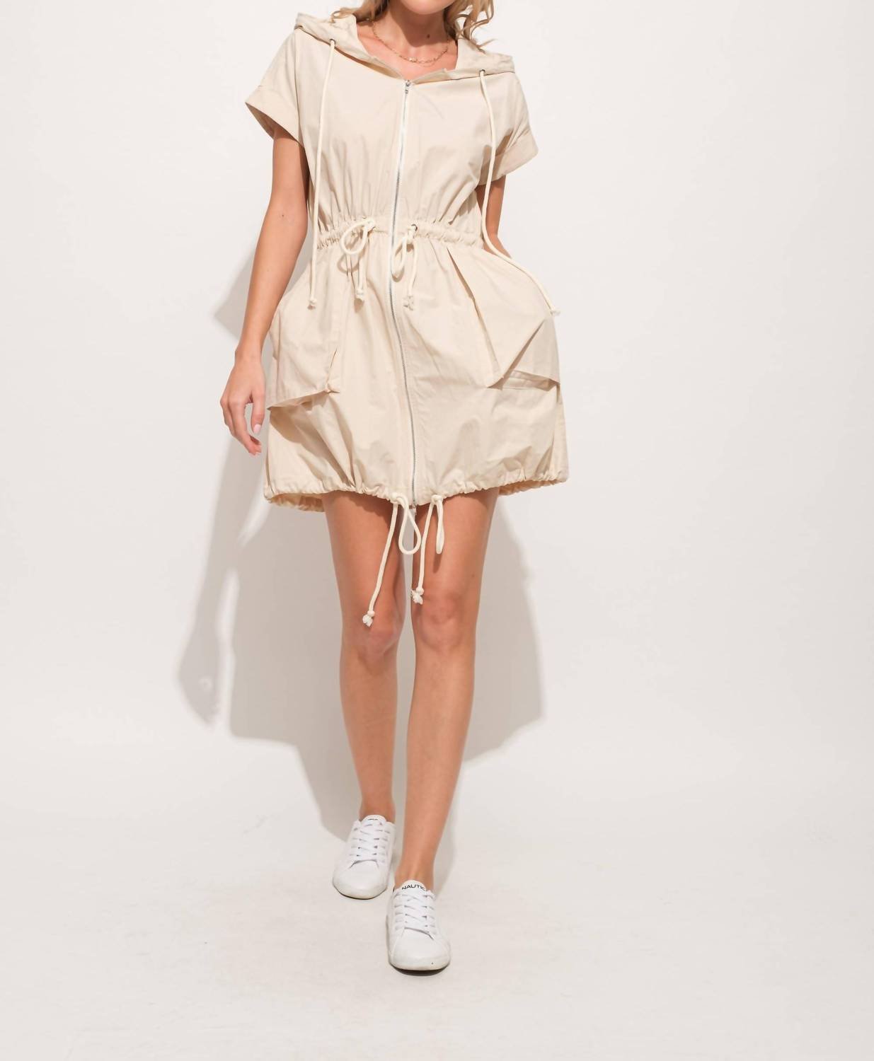 And The Why - Short Sleeve Drawstring Hooded Mini Dress - beige - clothing - dresses