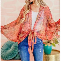 And The Why - Boho Front Tie Knot Dolman Sleeve Oversized Print Kimono Top