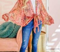 And The Why - Boho Front Tie Knot Dolman Sleeve Oversized Print Kimono Top