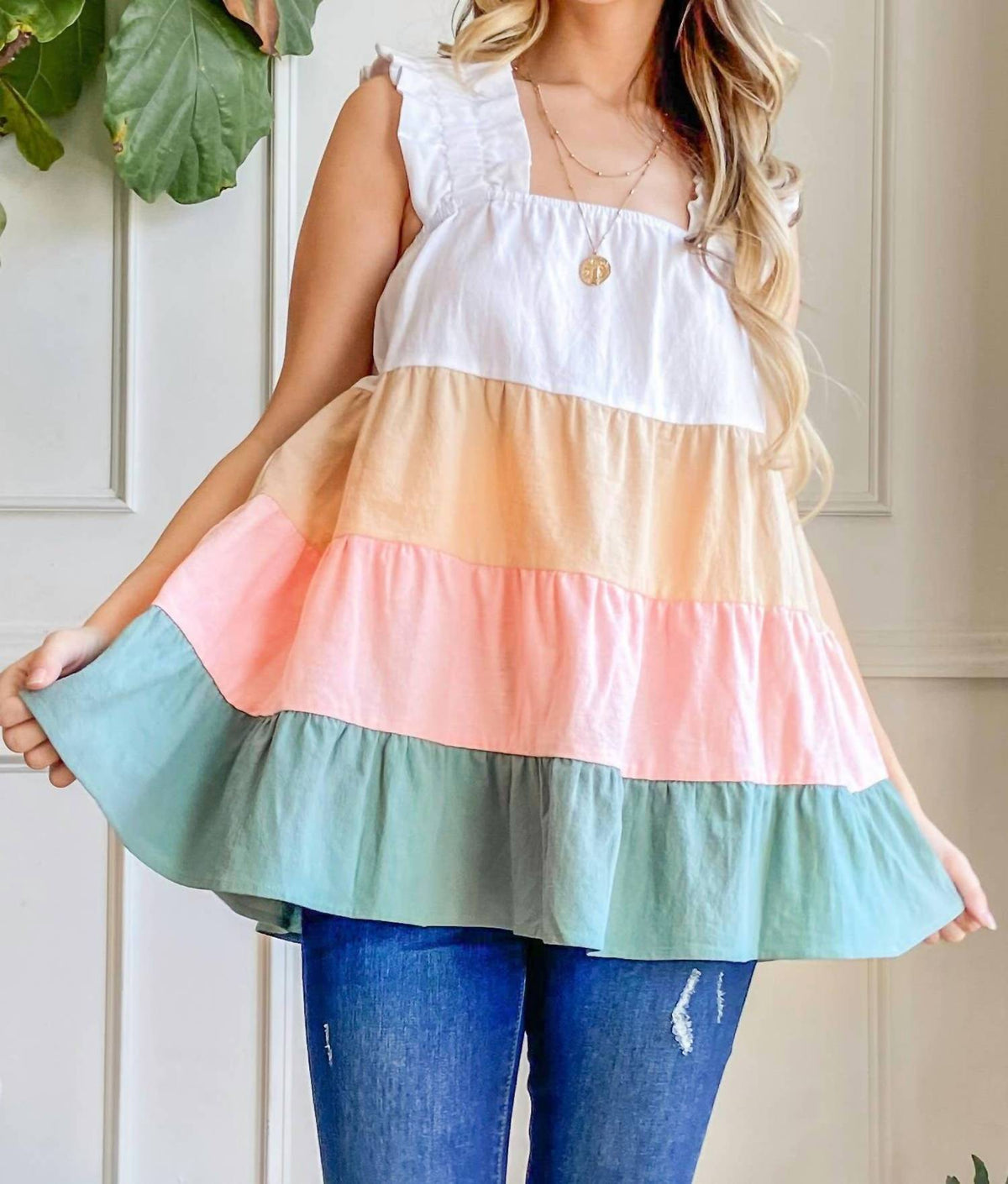 And The Why - Color Block Ruffle Straps Tank Top