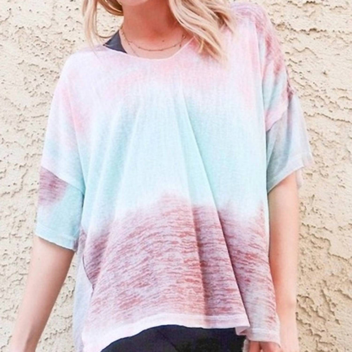 And The Why - Cotton Blend Tie Dye V Neck Distressed Casual Top