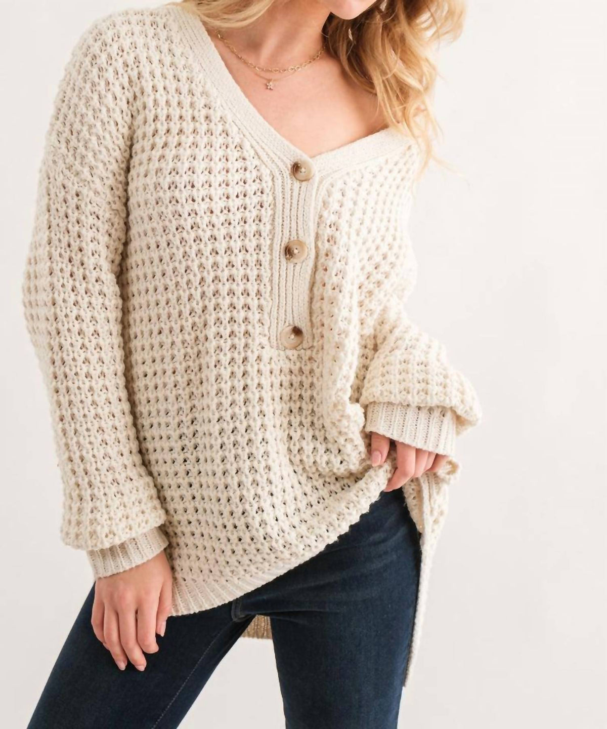 And The Why - Henley Waffle Textured Sweater - Plus