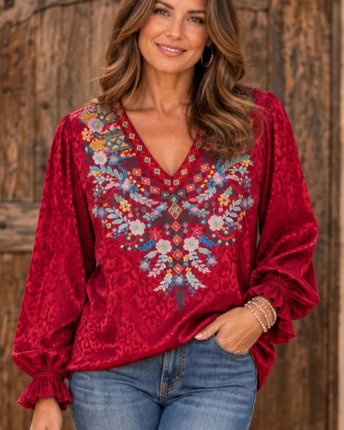 Andree By Unit - Embroidered Leopard Satin Blouse