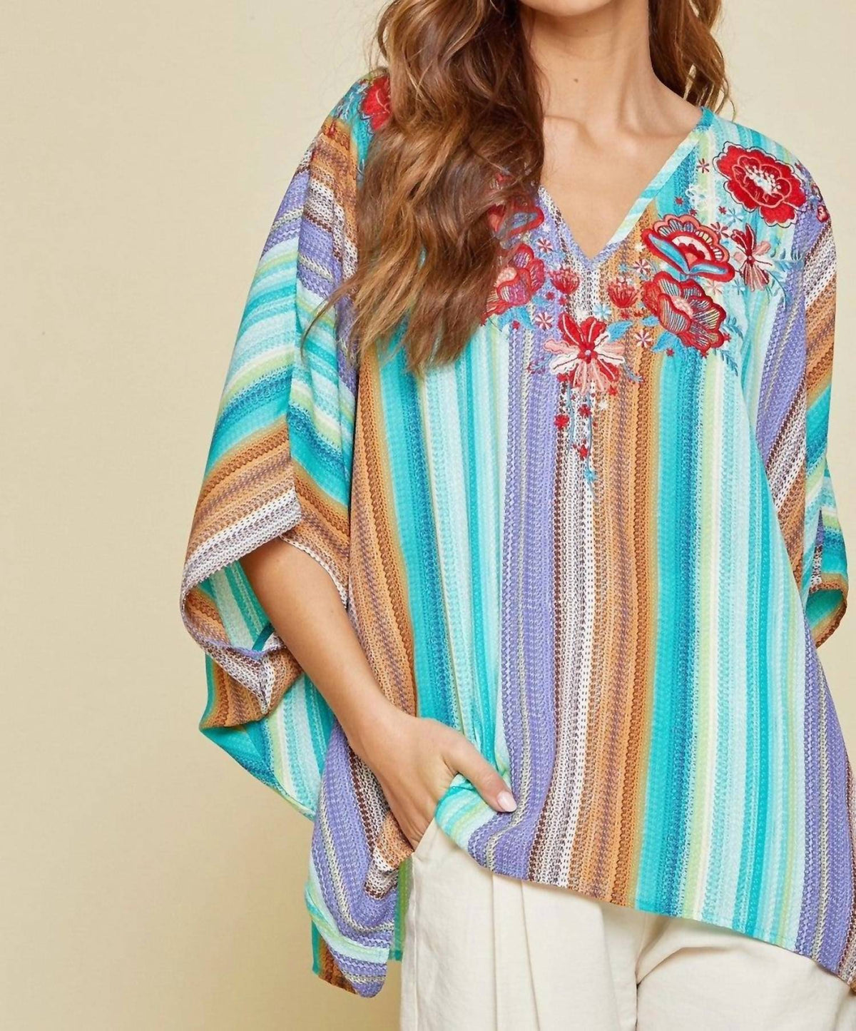 Andree By Unit - Striped Embroidered Poncho Top